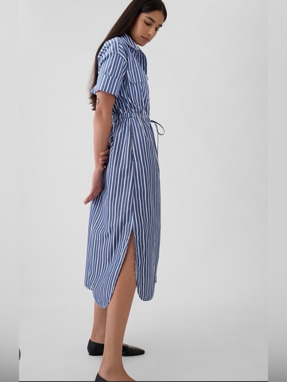 GAP Blue and White Striped Midi Shirt Dress, 100% cotton, size Large, pockets